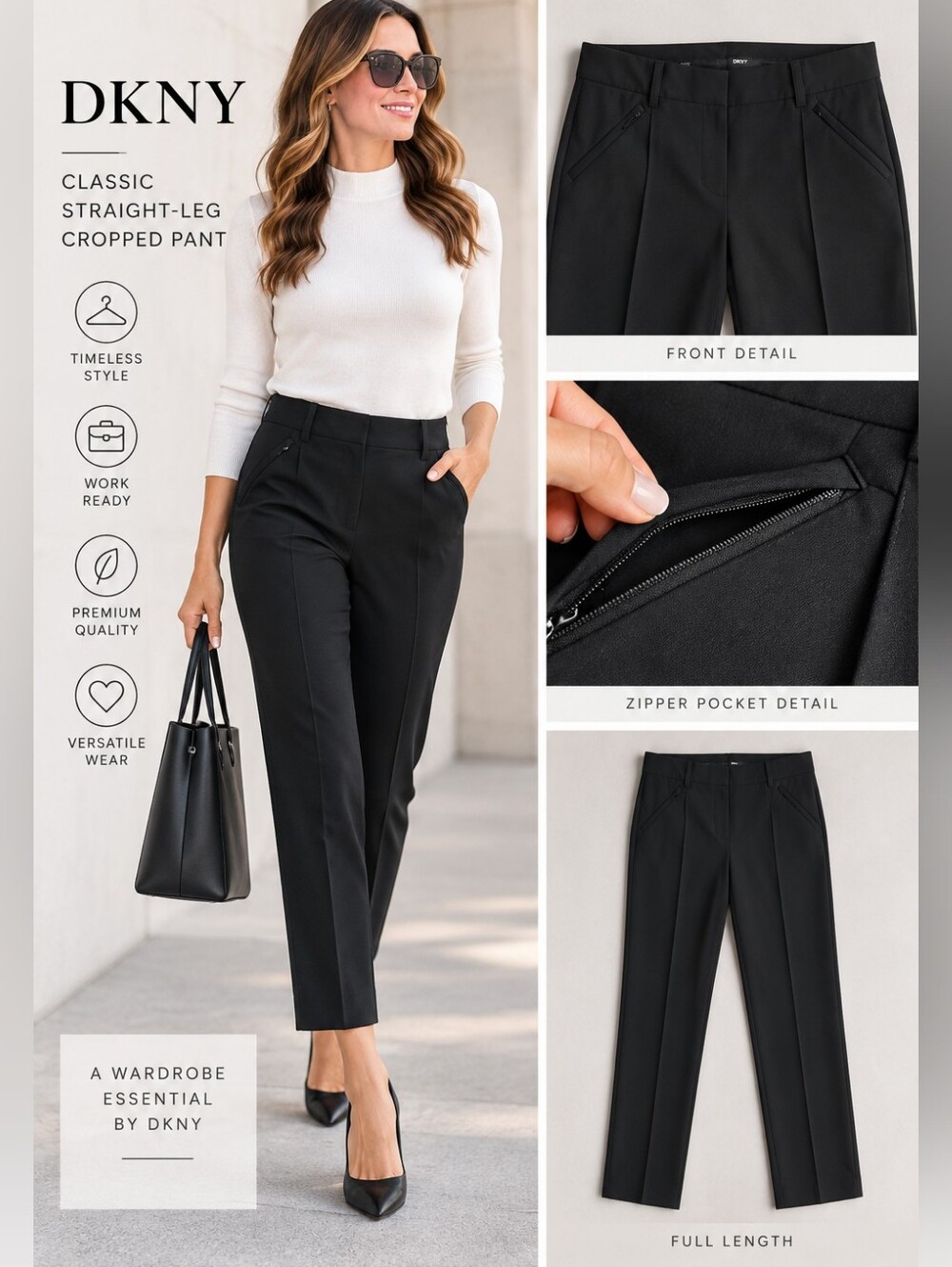 New! DKNY Wool Classic Black Straight-Leg Cropped Pantsuit Size 2
